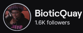 BioticQuay's Twitch logo and follower count (1.6k). Logo is a picture of a black man with a very curly light  brown afro, wearing a black hoodie. Image links to BioticQuay's Twitch page.