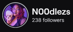 Noodlezs' Twitch logo and follower count (238). Logo is a picture of a black woman with short red hair with a human skull in her hand.
Image links to Noodlezs' Twitch page.
