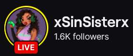 SinSister's Twitch logo and follower count (1.6k). Logo is a cartoon style picture of a black woman with long curly hair, wearing a pink top with a neon green stripe with a matching green headphones and Xbox controller. Image links to SinSister's Twitch page.