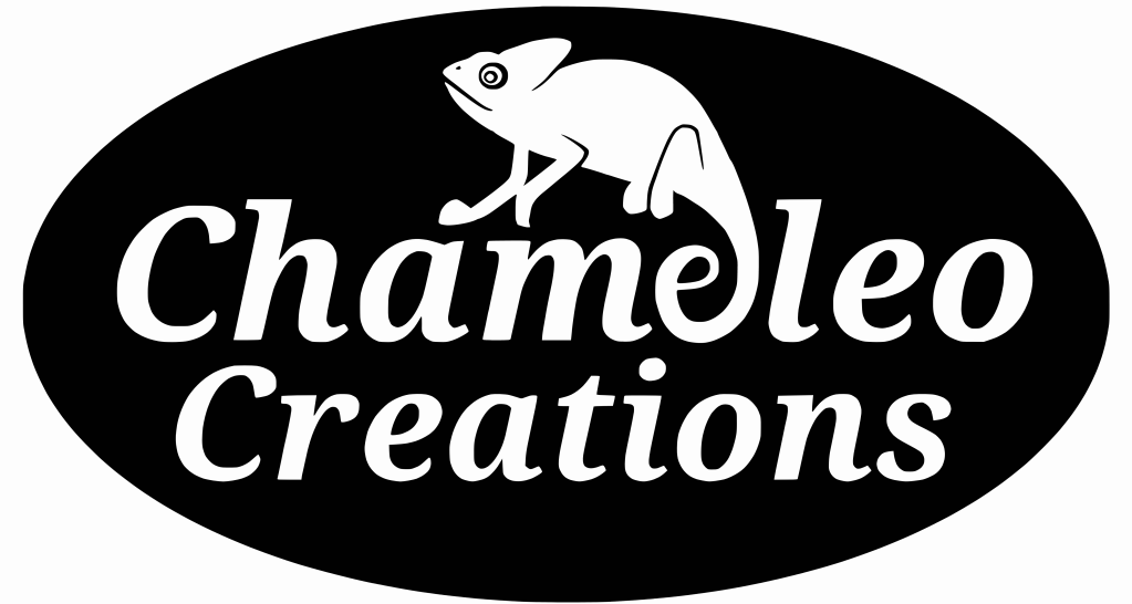 Image is logo for Chameleo Creations, which is white letting against a black backfground with a white and black chameleon whose tail makes the 'E' in Chameleo.  Image is clickable and leads to their instagram. 