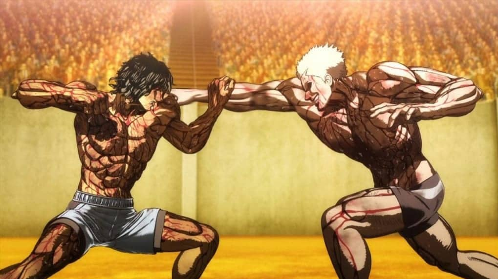 Two extremely fit fighters fighting ain a deadly tournament from Kengan Ashura (anime). On the left blocking a punch is Ohma, bloody, in white shorts. On the right throwing a punch is Raian, also bloody, in black shorts.