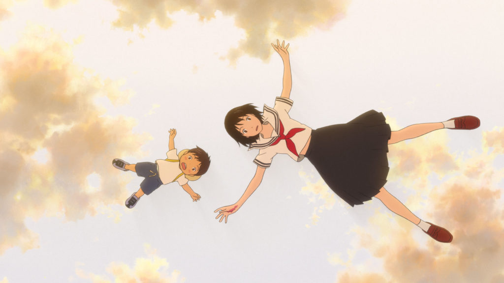A screenshot from the movie Mirai depicting a 4-year old kindergartner and a 14-year old high school girl falling from the sky. 